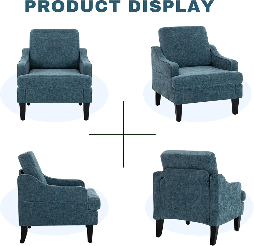 Set of 2 Accent Chair for Living Room,Mid-Century Arm Chair Chenille Fabric Living Room Chairs,Upholstered Reading Chair for Bedroom,Single Sofa Chair with Wood Legs for Apartment (Blue)