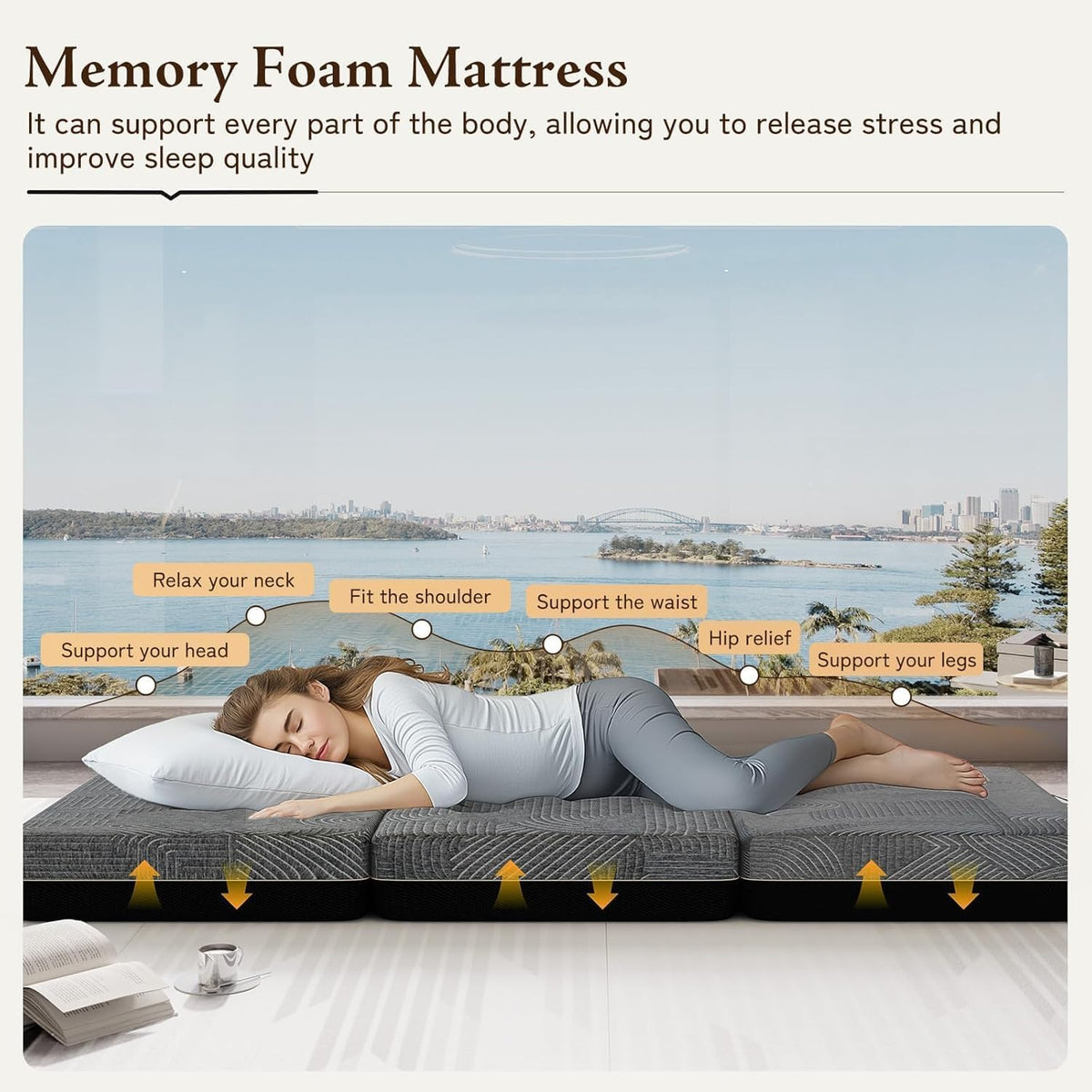 GEMBED Tri Folding Mattress Queen Size - Memory Foam Tri-fold Handle & Non-Slip Bottom, Portable Foldable Sofa Bed Floor Chair for Travel RV Camping Guest Yoga - 6 Inch, 78"x58"x6"