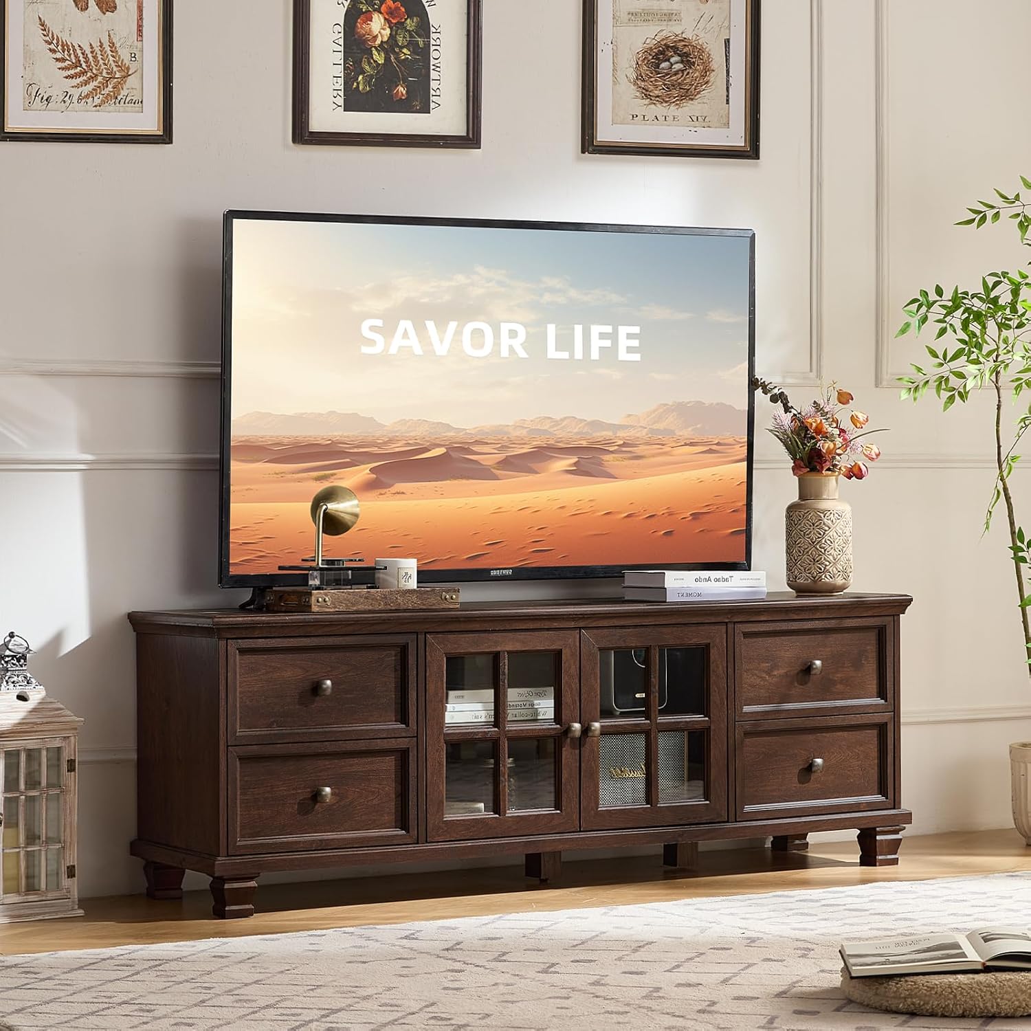 SAVOR LIFE Farmhouse TV Stand and Coffee Table Set 4, Rustic Wood Living Room Table Set with TV Console, Center Table, End Table Set of 2 for Living Room, Walnut