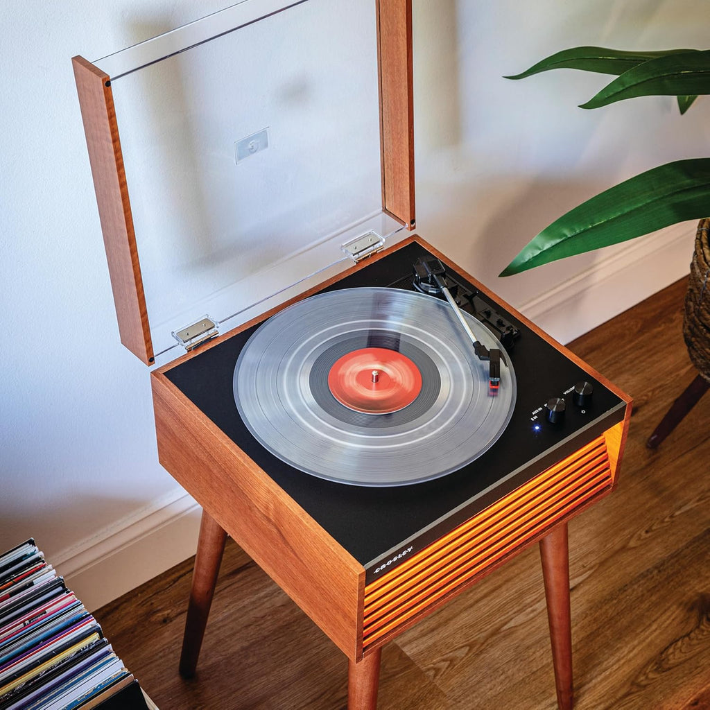 Crosley CR6237A-NA Dean 3-Speed Bluetooth in/Out Vinyl Record Player Turntable with Built-in Speakers, LED Lights and Detachable Legs, Natural