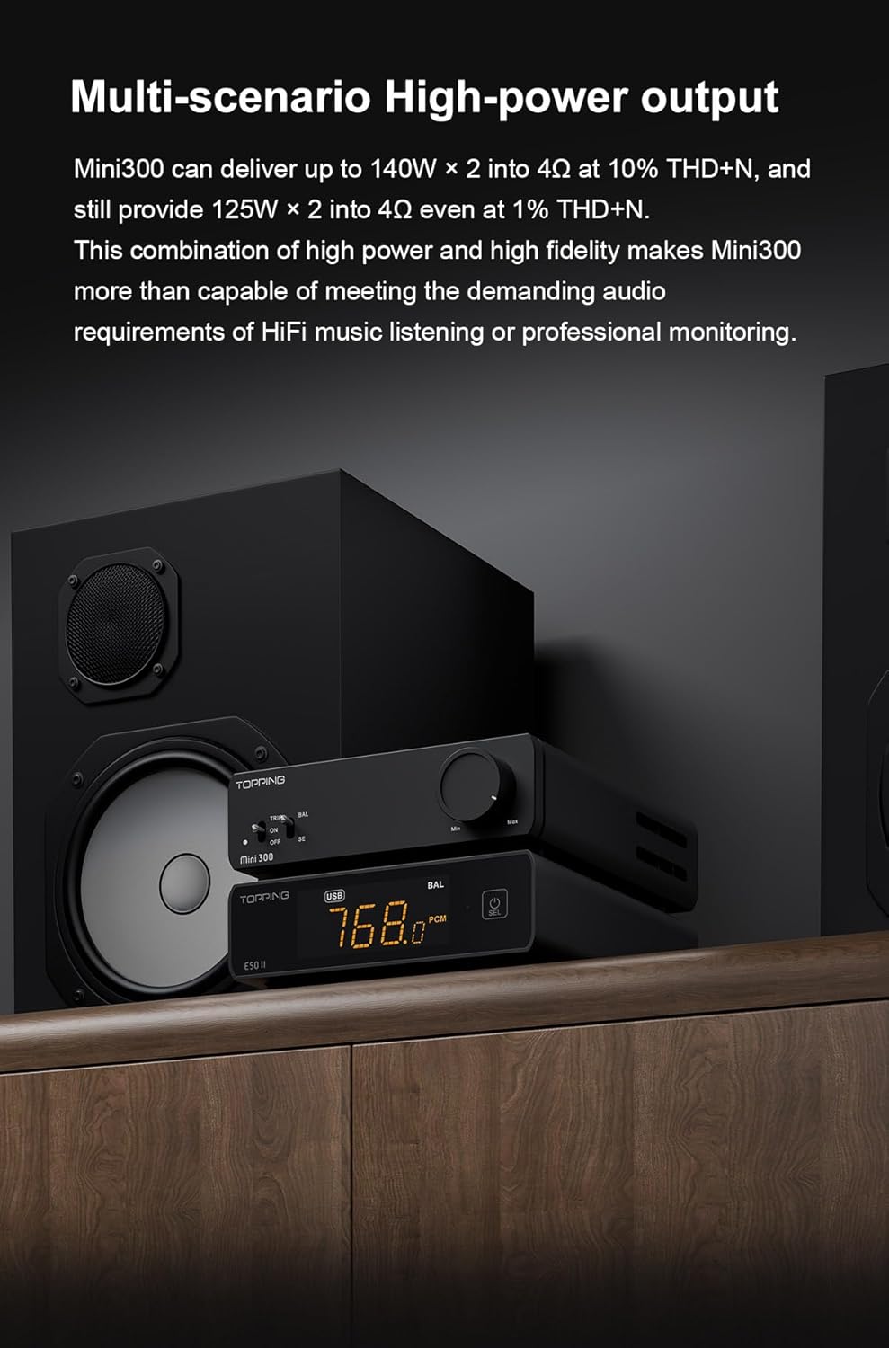TOPPING Mini300 Compact Stereo Power Amplifier, Fully Balanced Class-D Design, 140W×2 @4Ω, Ultra-Low Distortion