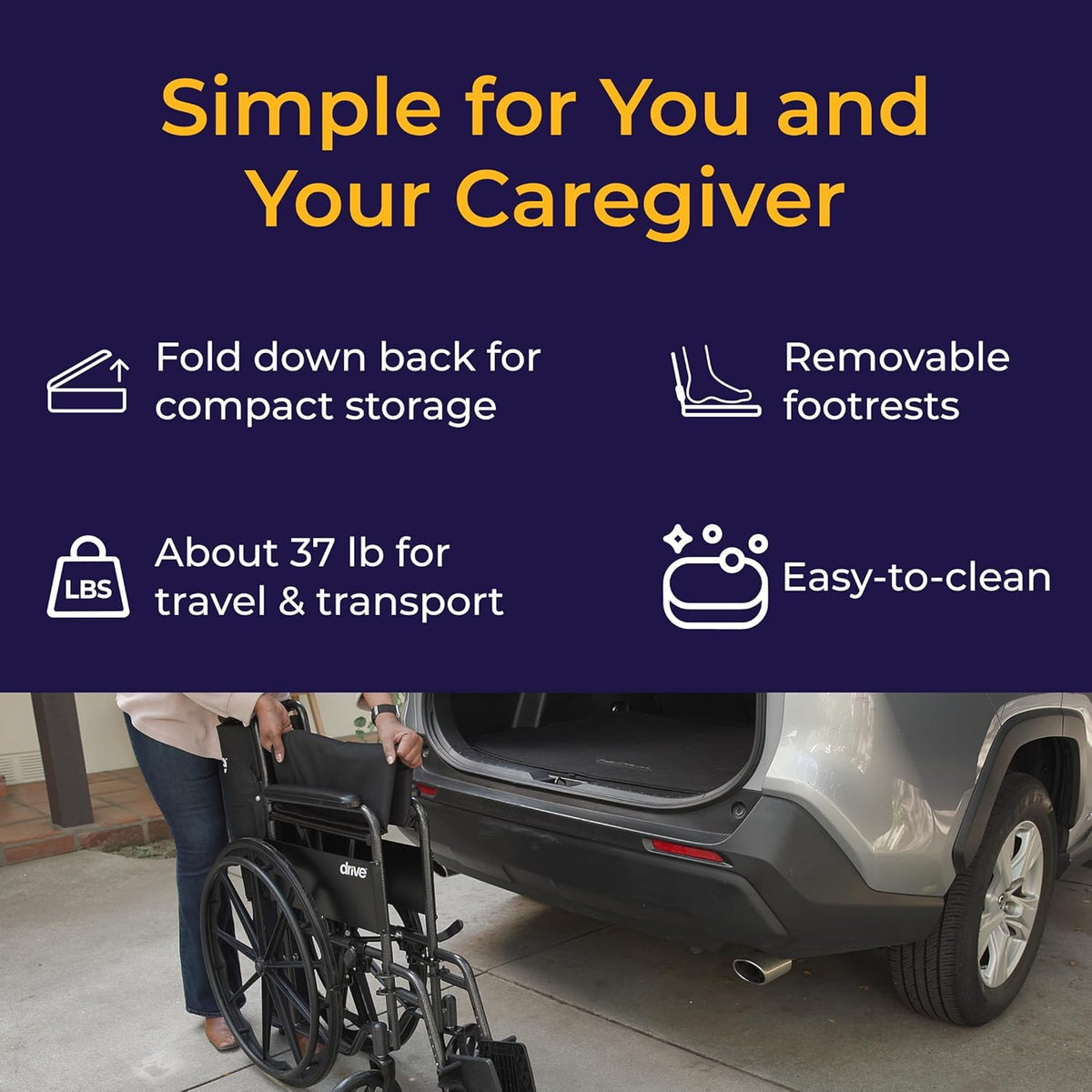 Drive Medical Silver Sport 1 Folding Transport Wheelchair - Lightweight Mobility Support - Full Armrests - Removable Swing-Away Footrests - Durable Steel Construction - Compact Folding Frame - Black