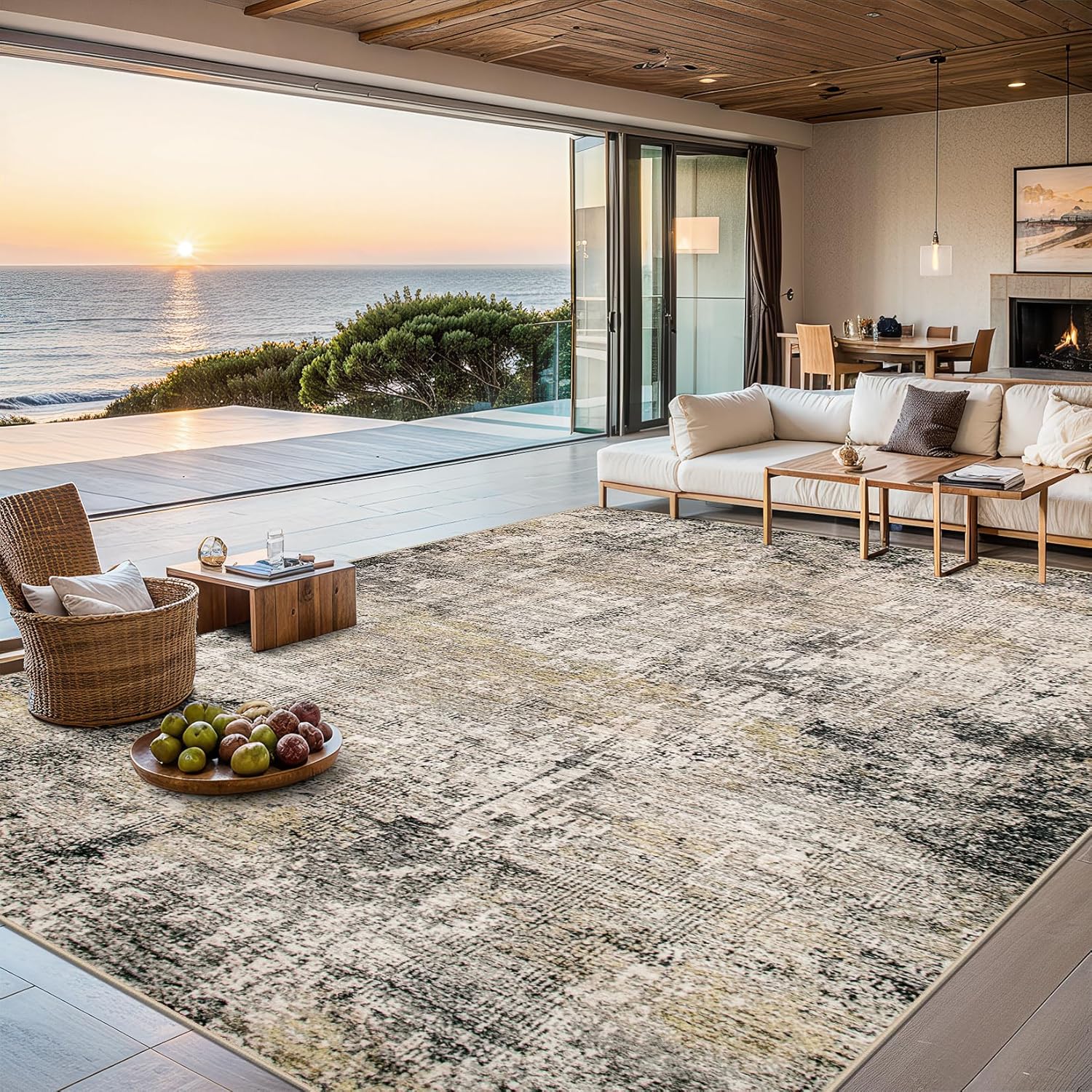 Area Rugs 9x12 Living Room - Washable Rug Modern Abstract Soft Large Neutral Non-Slip Carpet Indoor Floor Thin Carpets for Bedroom Dining Room Farmhouse Nursery Home Office Brown Black Grey