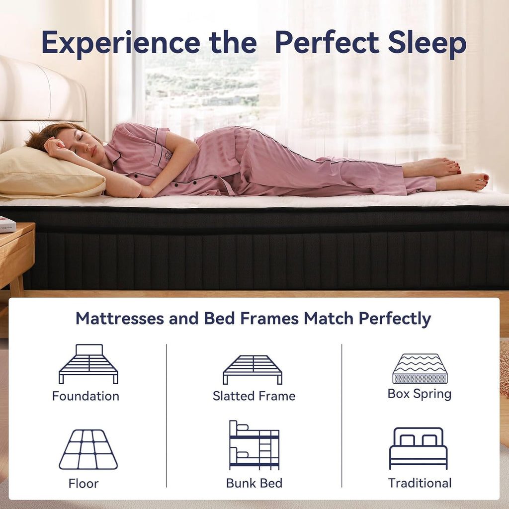 CRYREINA Queen Mattress, 12 Inch Queen Hybrid Mattress in a Box, Upgrade Individually Pocket Springs, Medium Firm, Pressure Relief, Breathable Comfort and Durable