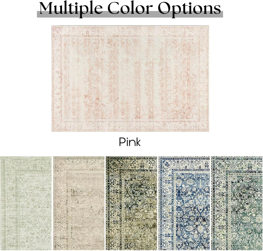 Pink Area Rug for Living Room Low Pile Soft 8 x 10 Carpet with Non Slip Washable Neutral Boho Floral Rugs for Hardwood Floor Protector Extra Large Area Rugs 8x10 for Big Nursery Bedroom Livingroom