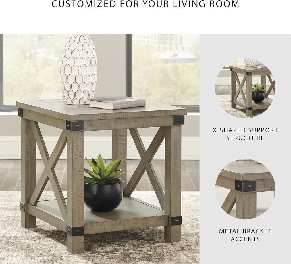Signature Design by Ashley Aldwin Casual Farmhouse Rectangular End Table with Crossbuck Details, Metal Bracket Accents, Wood, 25" High, Weathered Gray