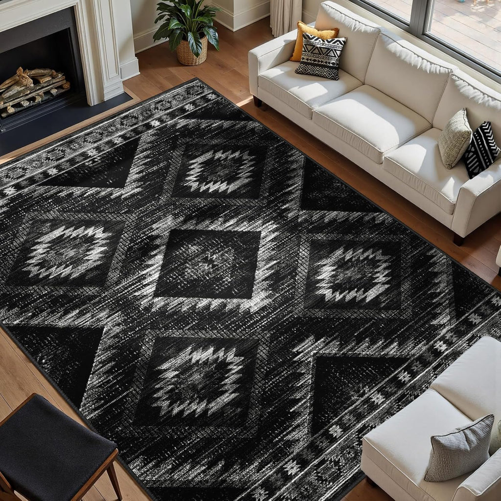 Area Rug 9x12 Rug Machine Washable Non-Slip Low Pile Print Pattern Western Rug for Living Room Bedroom Entryway Tribal Series -Black