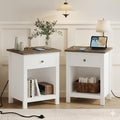 ChooChoo Farmhouse Nightstand Set of 2,Night Stand with Charging Station, Wooden Top Bedside End Table with Drawer and Storage Space for Bedroom, White