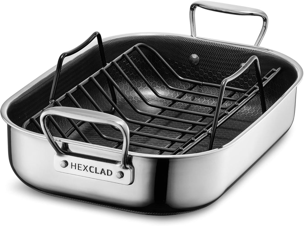 HexClad Hybrid 14 x 10 Inch Rectangular Nonstick Roasting Pan with Rack, Dishwasher-Friendly, Oven-Safe Up to 900°F, Compatible with All Cooktops