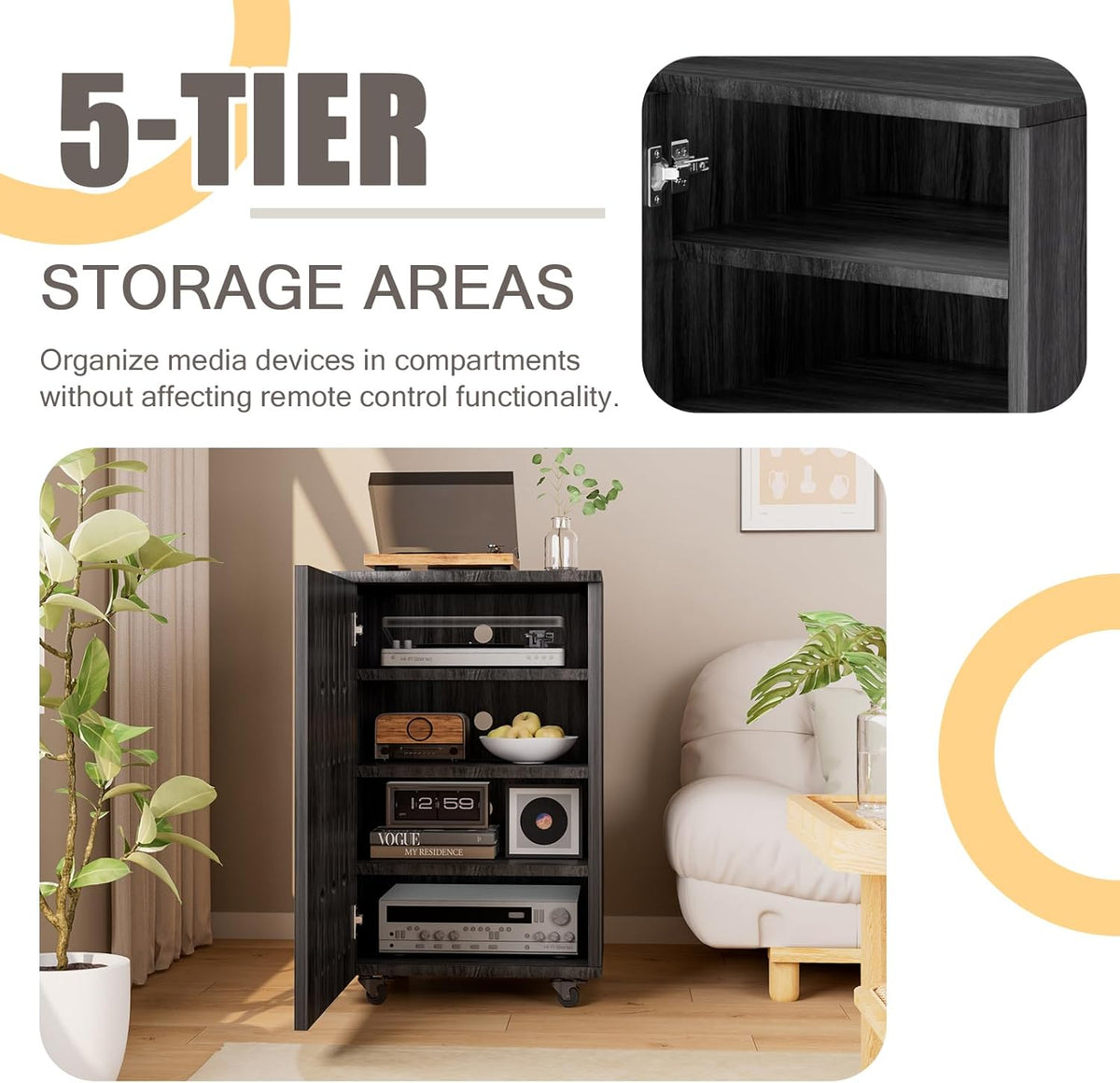 5-Tier Stereo Components Cabinet Wooden Audio Equipment Cabinet with Grille Door Closed Entertainment Stand with Adjustable Shelves AV Media Vintage Rack On Wheels for Living Gaming Room (Black)