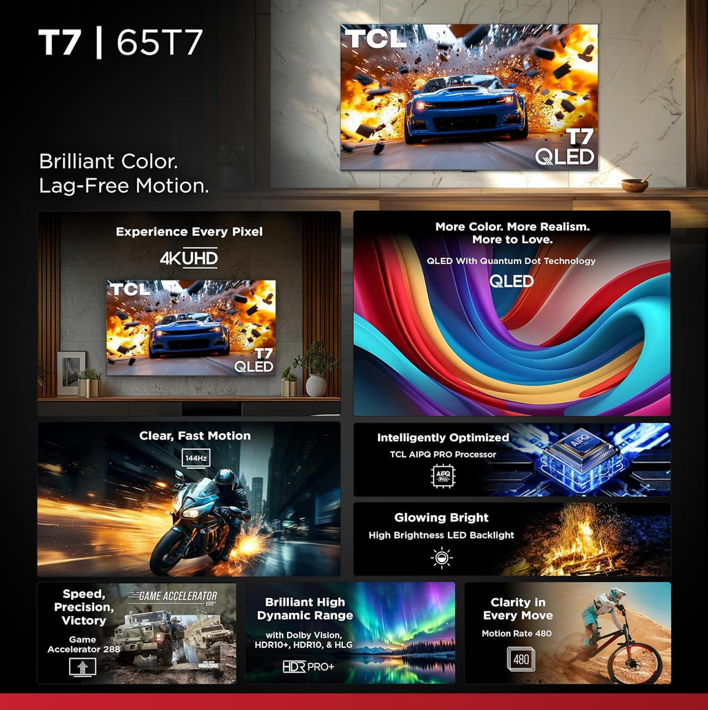 TCL Amazon Exclusive 65 Inch Class T7 Series | 4K QLED HDR Lag-Free Smart Google TV | 65T7, 2025 Model | 120Hz-144Hz High Brightness, Dolby Atmos, Alexa Voice Remote AI Streaming Gaming Television