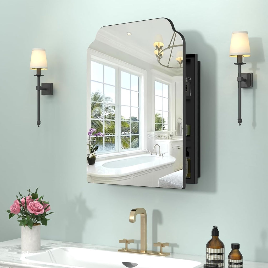 20"x26" Black Irregular Recessed Medicine Cabinet Mirror, Frameless Victorian Bathroom Decorative Mirror with Storage, Surface Mount Medicine Cabinets for Bathroom, Full Metal, 2 Removable Shelves