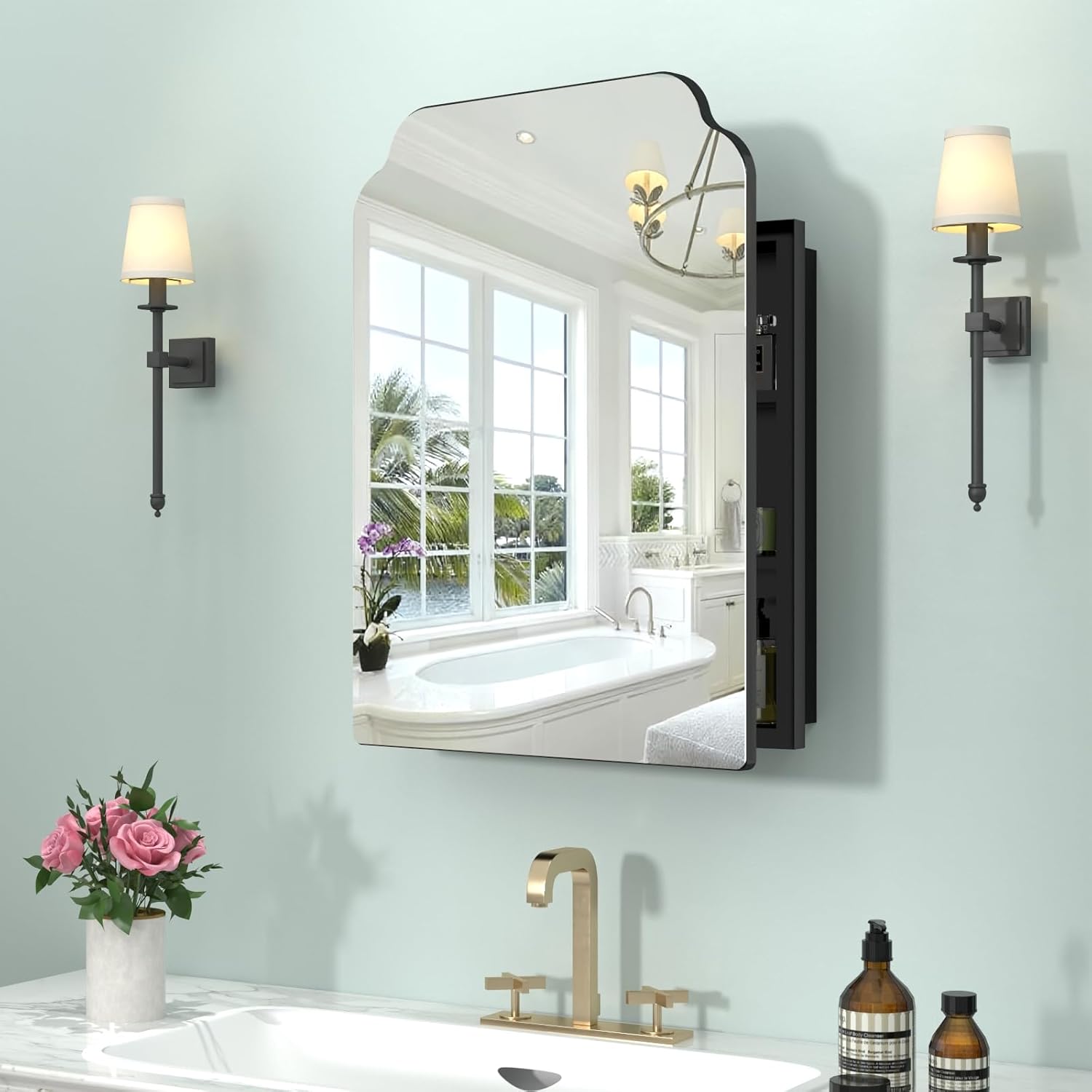 20"x26" Black Irregular Recessed Medicine Cabinet Mirror, Frameless Victorian Bathroom Decorative Mirror with Storage, Surface Mount Medicine Cabinets for Bathroom, Full Metal, 2 Removable Shelves