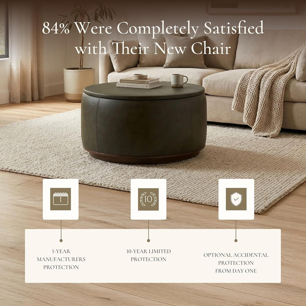 Poly & BARK Herve Storage Ottoman – Round Italian Full-Grain Leather Ottoman with Hidden Storage – Solid Wood Base in Walnut Finish – Olivine Green