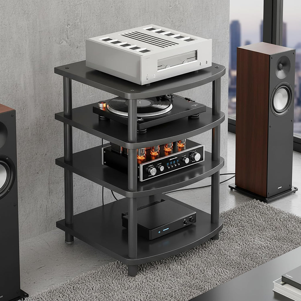 4 Tier AV Media Stand, Audio Rack Tower Adjustable Height, TV Game Console Equipment Shelf, CD Record Player Stereo Component Rack Cabinet for Home Theater Studio (Black)