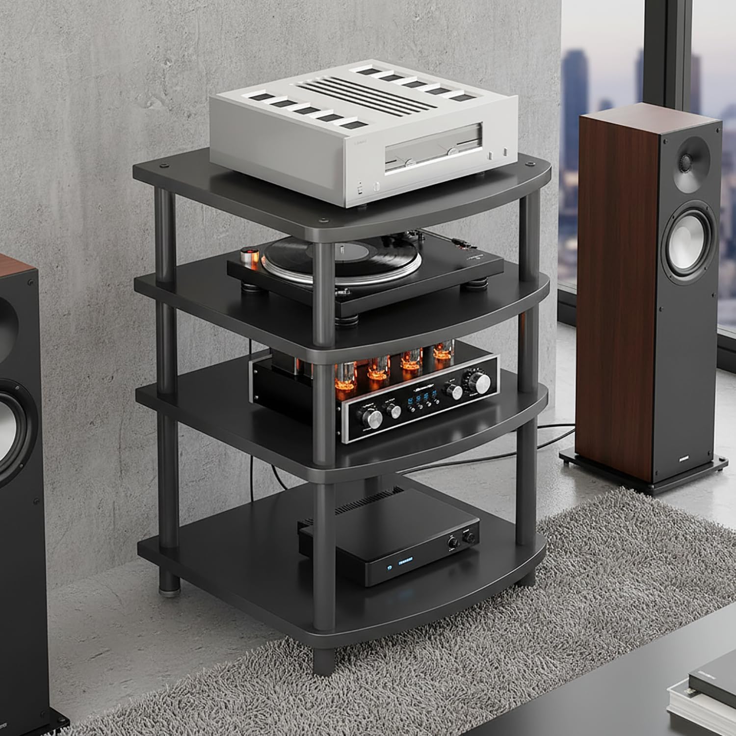 4 Tier AV Media Stand, Audio Rack Tower Adjustable Height, TV Game Console Equipment Shelf, CD Record Player Stereo Component Rack Cabinet for Home Theater Studio (Black)