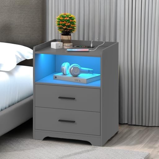 dnbss Grey Night Stand with Wireless Charging Station, Nightstand with 2 Drawers, Smart Bedside Table with 24-Color RGB Lighting, Modern LED Lighted Nightstand for Bedroom