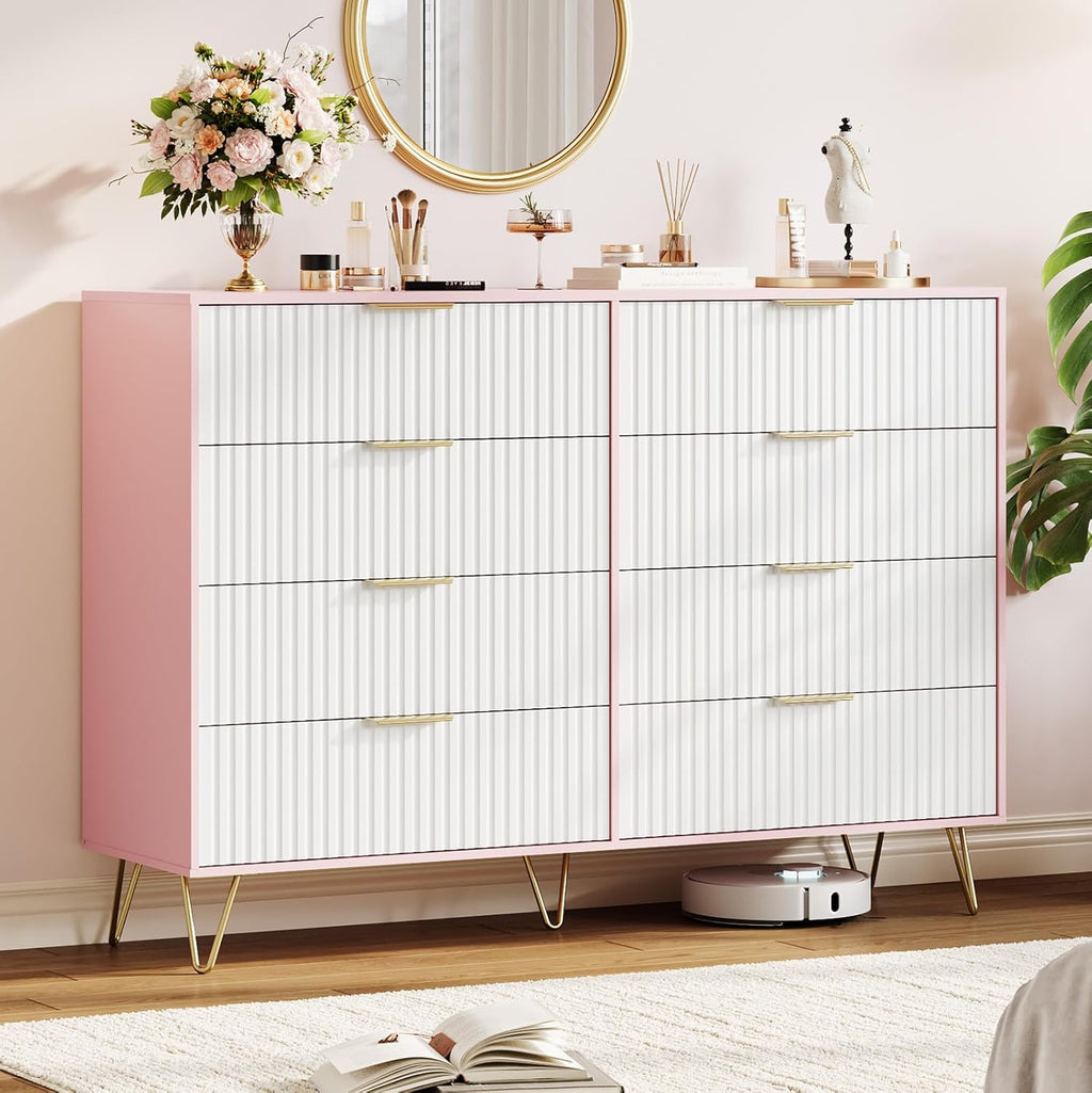 Garvee Fluted Dresser for Bedroom with 8 Drawers,55" Wide Modern Chest of Wooden Bedroom Chest with Metal Handle,Clothes Storage Organizer,Closet Dresser & TV Stand for Living Room,Hallway