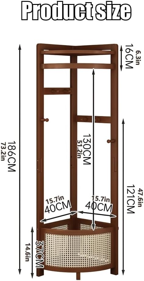 Corner Clothes Rack with Laundry Basket, Freestanding Coat Rack with Hooks, Wooden Corner Hall Tree with Storage Shelf for Bedroom, Entryway, Small Spaces(Brown)