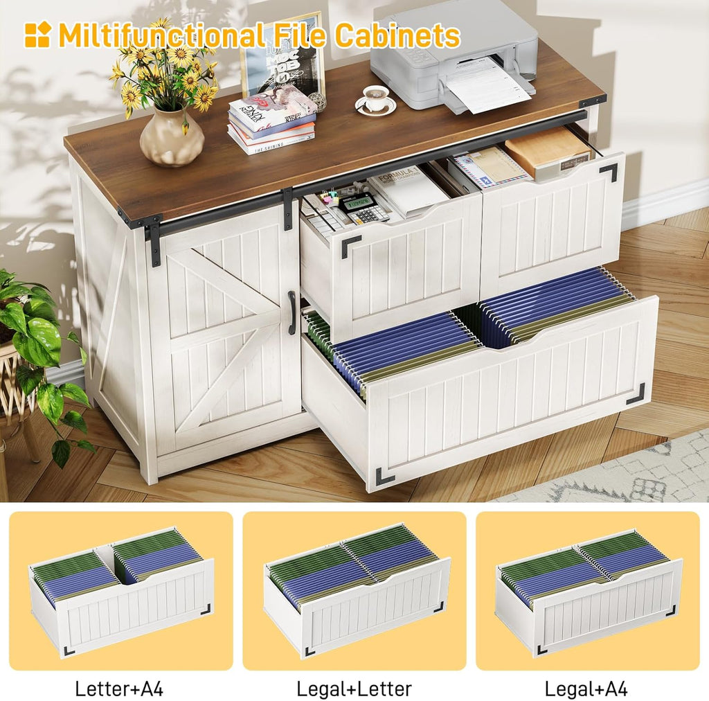 Halitaa 47.8” Farmhouse Lateral File Cabinet with Sliding Barn Door, 3 Drawers Filing Storage Cabinets with Adjustable Shelf, Office Printer Stand for Hanging Files Letter/Legal/A4/F4.Off White