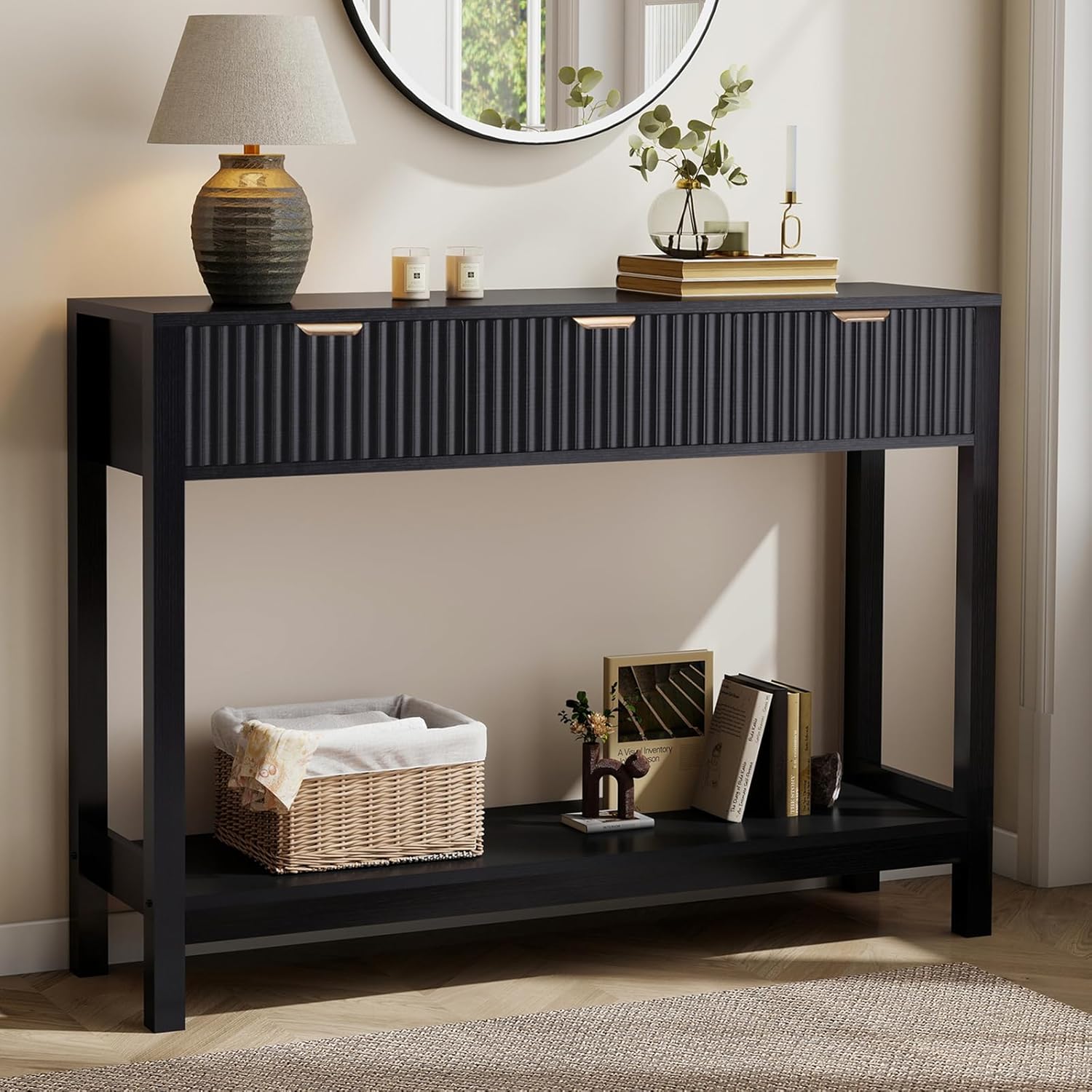 Nasonet Fluted Console Table, Wooden Sofa Table with Storage and Drawers, Farmhouse Behind Couch Table Entryway Table for Entrance, Hallway, Living Room, Black