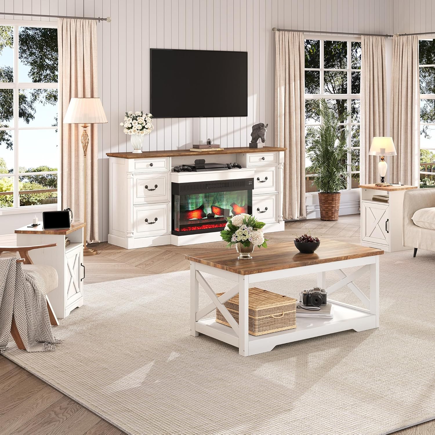 LUXOAK 3-Piece Farmhouse Living Room Table Sets, Includes 1 x Coffee Table, 2 x End Tables with Charging Station & USB Ports, Rustic Coffee Table Set of 3, Distressed White