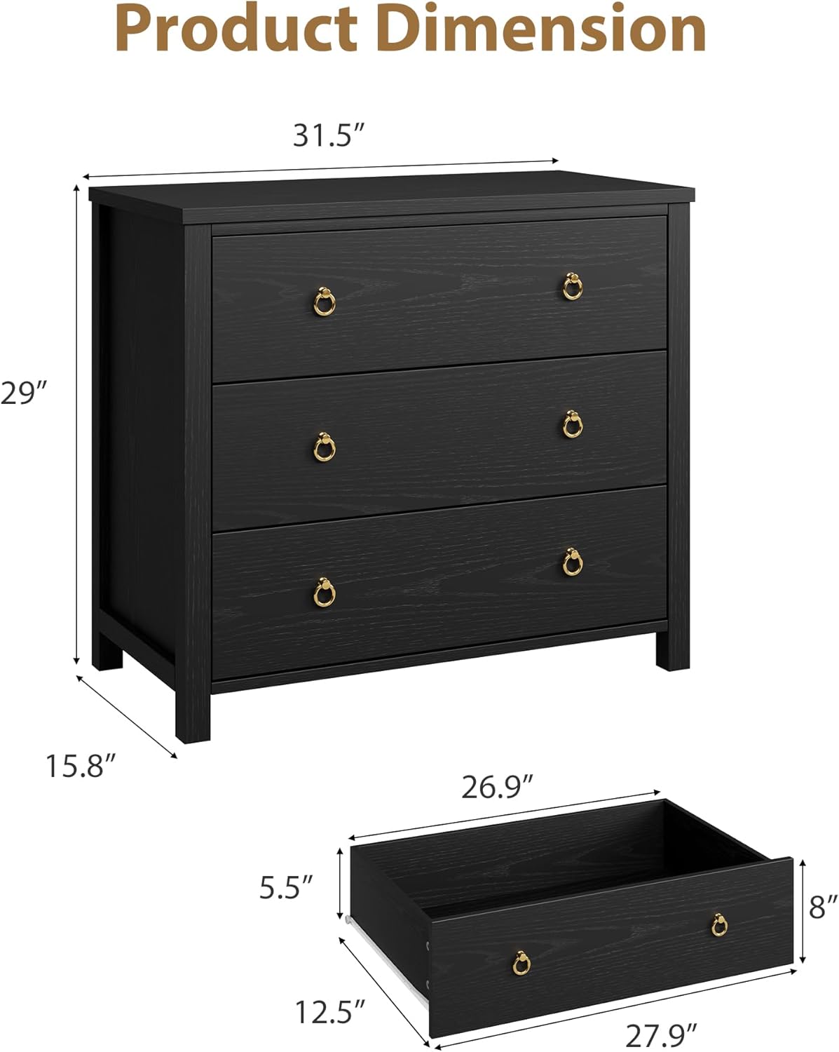 IDEALHOUSE 3 Drawer Dresser for Bedroom, 29" Tall Chest of Drawers, Wood Dresser for Closet, Clothes Storage Cabinet & Drawer Organizer for Living Room, Hallway, Entryway, Black