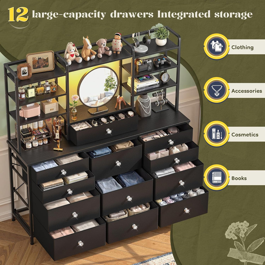 Romorgniz Black Dresser for Bedroom with 12 Drawers & LED Lights, Fabric Dressers & Chests of Drawers with Open Shelves, Vanity Dresser Organizer with Metal Frame Wooden Shelf for Entryway Closet