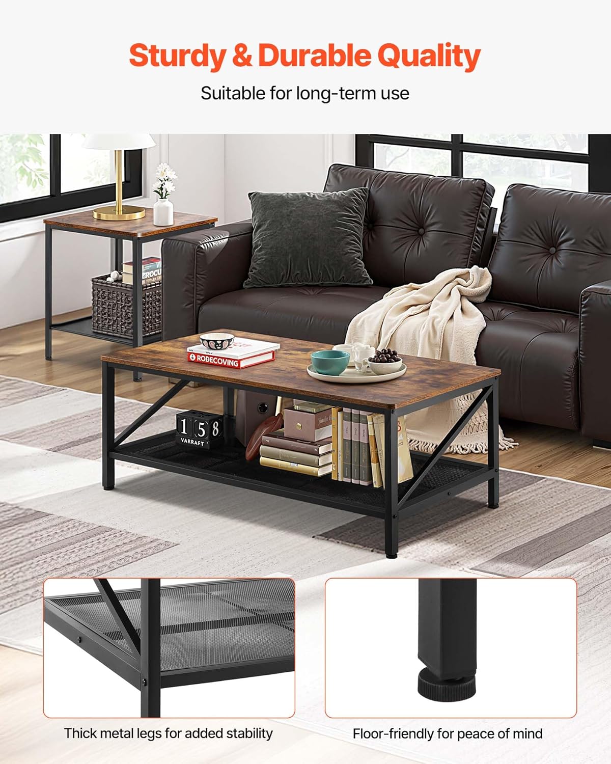 VEVOR 3 Pieces Living Room Table Sets, 41.3 in Industrial Coffee Table with 2 Square End Side Tables, Easy Assembly Coffee and End Tables Sets with Metal Legs, for Office, Living Room & Apartment