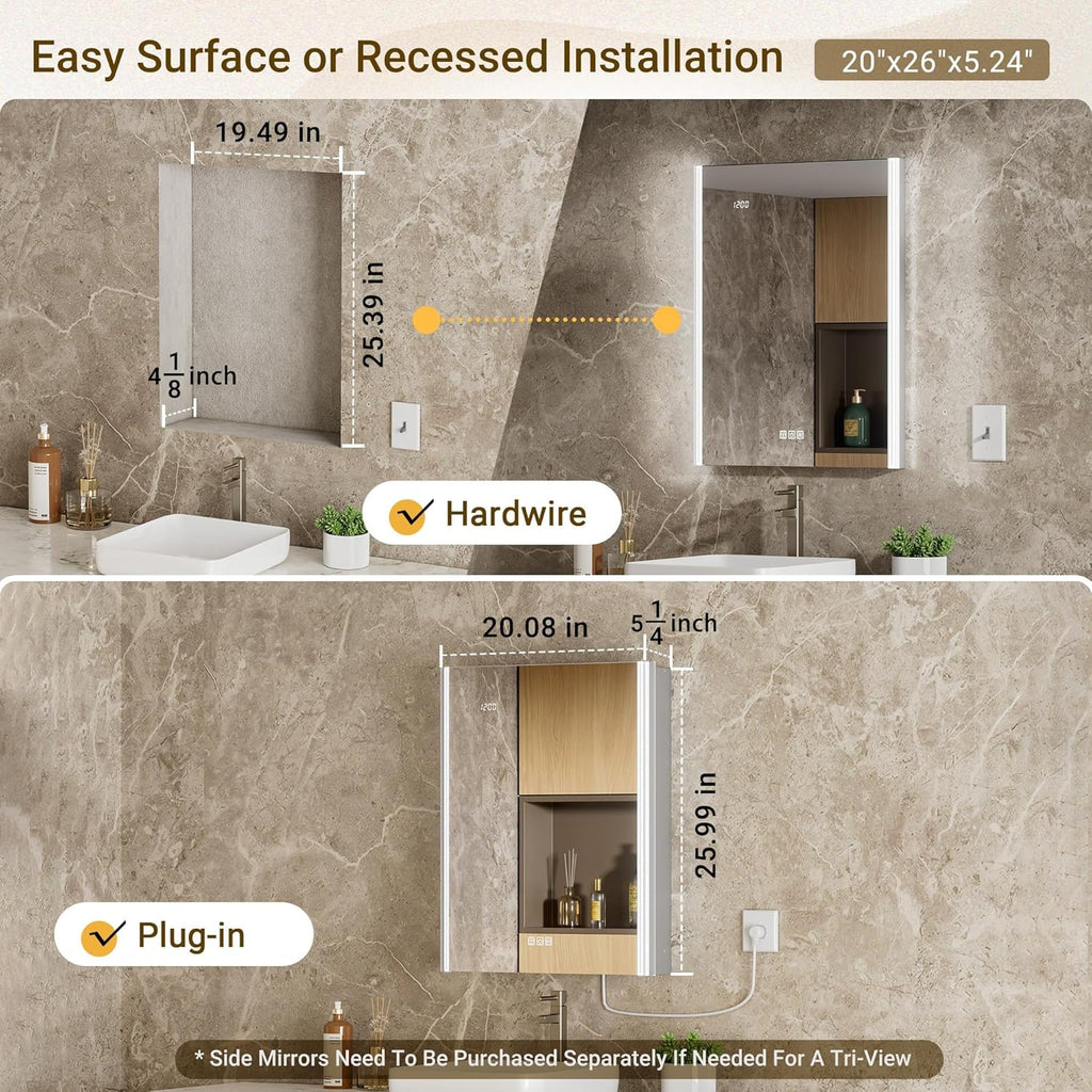 Lighted Medicine Cabinet Mirror with Lights & Smart Night Lamp -20x26 Surface or Recessed Medicine Cabinet Mirror with Outlet & Clock,Fogless Dimmable LED Storage Mirror,Built-in Sensor Light