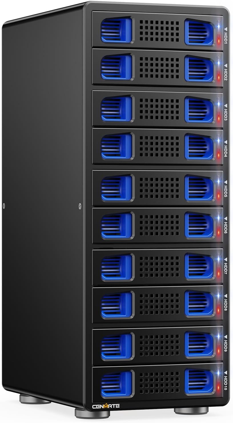 CENMATE Aluminum 10 Bay Hard Drive RAID Enclosure with Cooling Fan for 2.5/3.5" SATA HDD/SSD with USB A/C 3.0＋eSATA Cable, 3.5 Hard Drive Enclosure Supports 160TB Capacity, 8 RAID Modes, DAS(NO NAS)