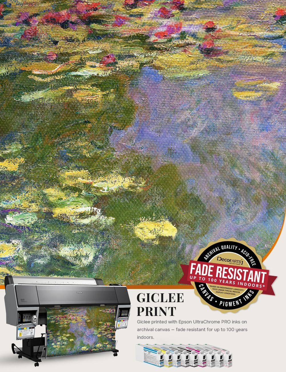 DECORARTS - Water Lilies Claude Monet Giclee Fine Art Print in Embossed Gold Frame. Framed Size: 36x22