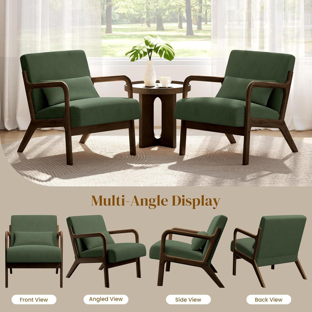 Yaheetech Accent Chair for Living Room, Corduroy Mid Century Modern Reading Armchairs with Lumbar Pillow for Bedroom, Decorative Sofa Chair for Adult Dark Green/Set of 2