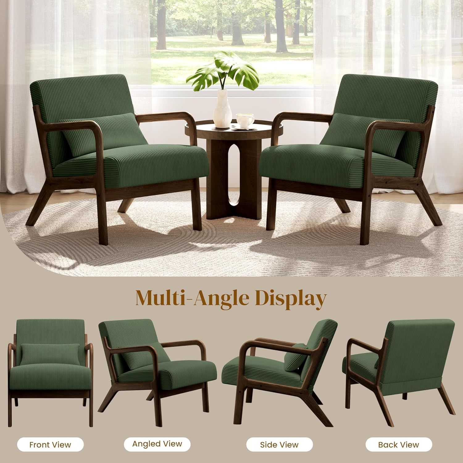 Yaheetech Accent Chair for Living Room, Corduroy Mid Century Modern Reading Armchairs with Lumbar Pillow for Bedroom, Decorative Sofa Chair for Adult Dark Green/Set of 2