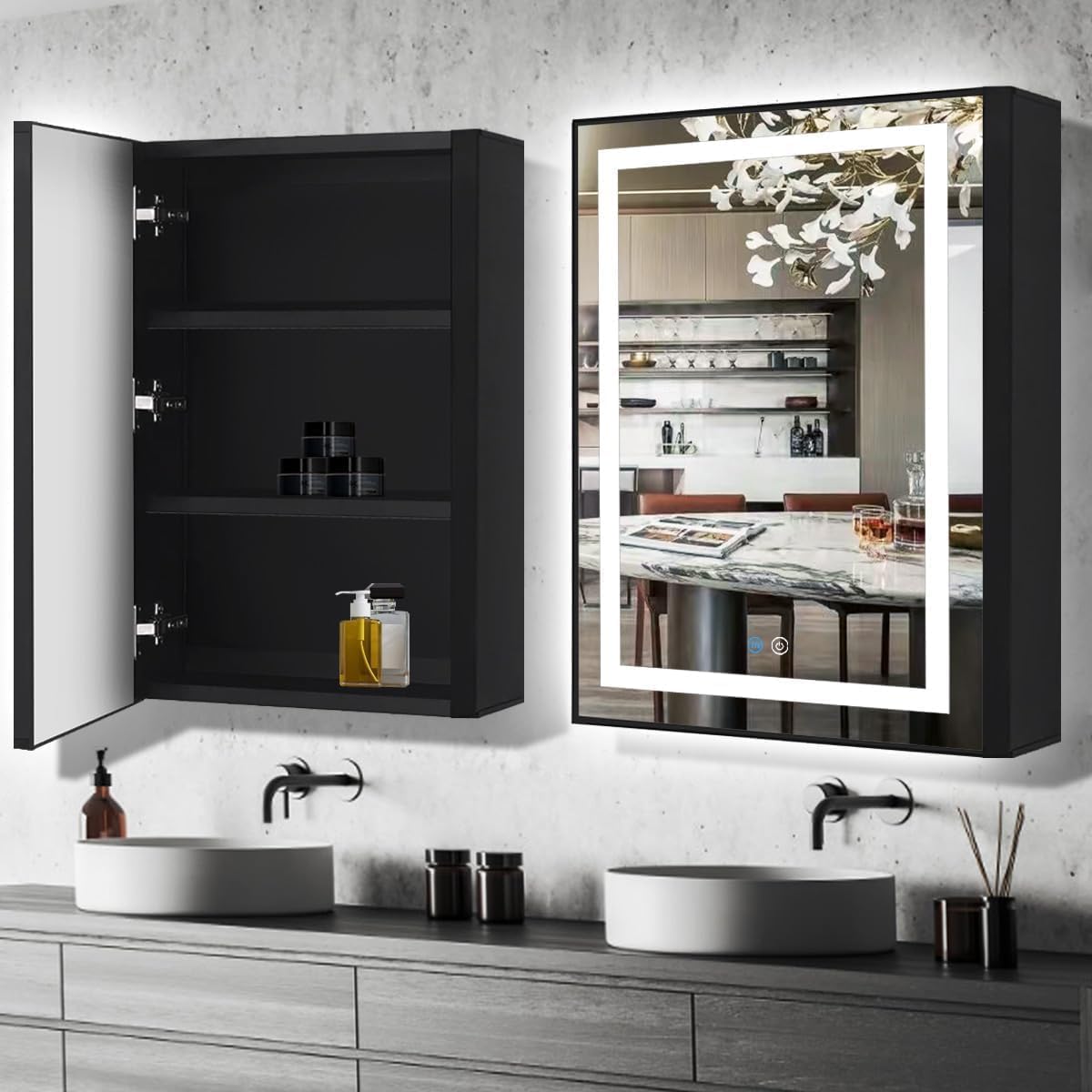 20 x 30 Inch Black Medicine Cabinet Mirror with Lights 3 Color Anti-Fog 30 Inch Bathroom Lighted Medicine Cabinet with Mirror and Light Led Medicine Cabinet Mirror with Storage for Bathroom