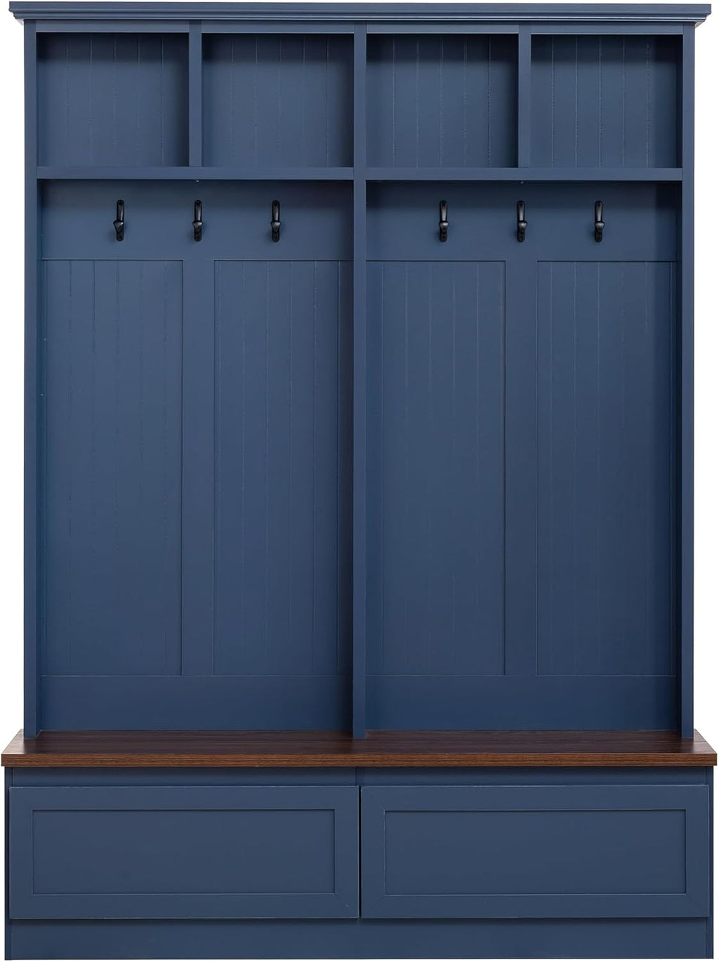 4-in-1 Hall Tree with Wood Grain Bench, Entryway Shoe Storage Organizer with Coat Rack, 2 Large Drawers, and 6 Golden Hooks for Hallway, Foyer Organizer Furniture, Blue