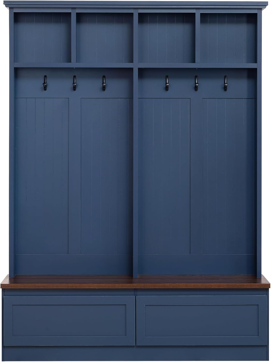 4-in-1 Hall Tree with Wood Grain Bench, Entryway Shoe Storage Organizer with Coat Rack, 2 Large Drawers, and 6 Golden Hooks for Hallway, Foyer Organizer Furniture, Blue