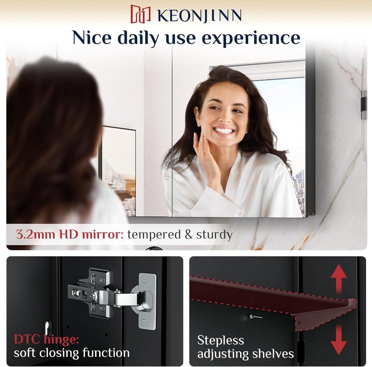 Keonjinn 36 x 24 Inch Black Medicine Cabinet, Bathroom Medicine Cabinet with Mirror, Lightweight Aluminum Structure, Assembly Required, in Wall or Wall Mount, Free Adjustable Shelves, Tempered Glass