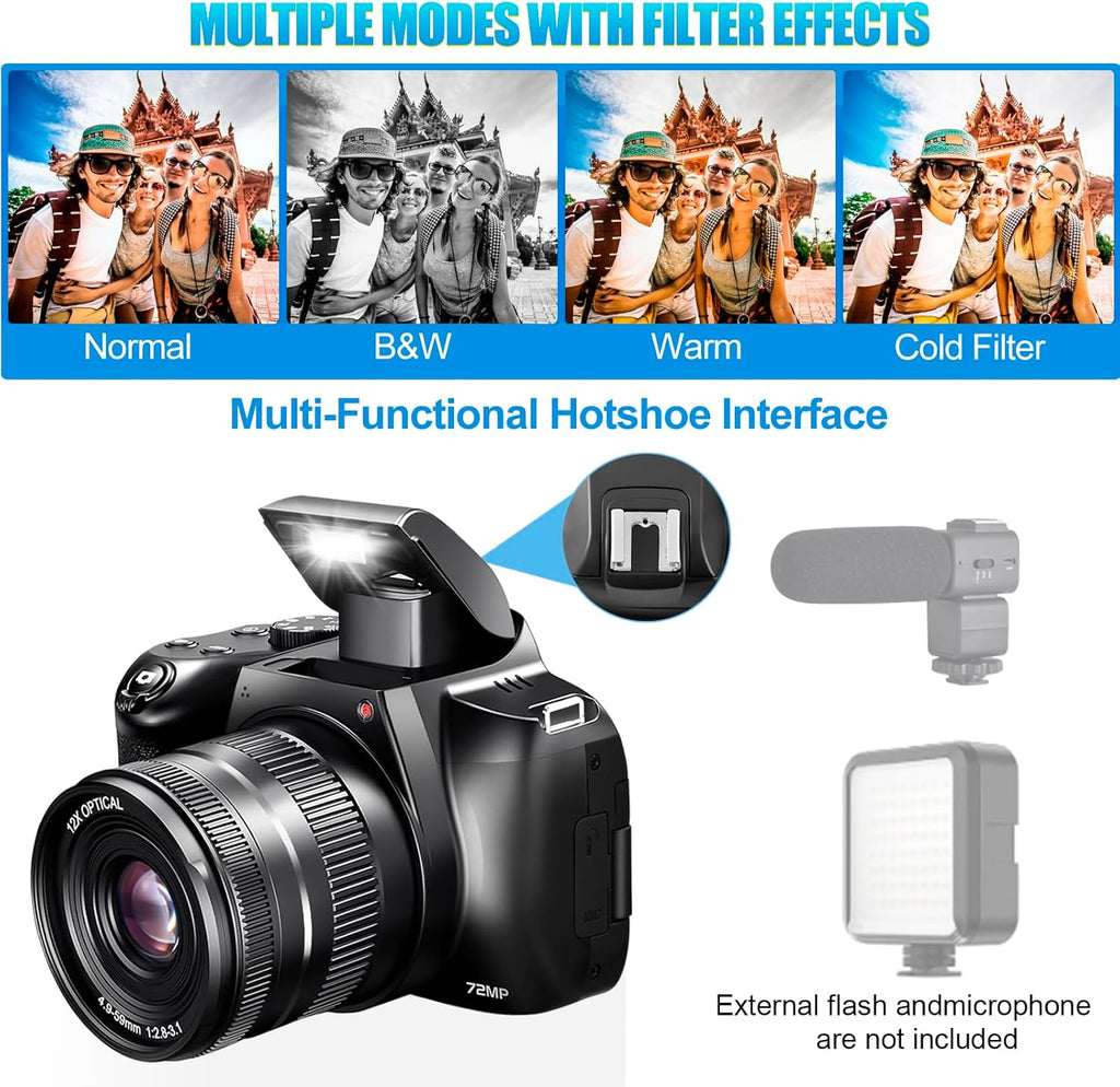 4K Digital Camera for Photography - 12X Optical Zoom 72MP Vlogging Camera for YouTube with 3" 270° Flip Screen, Autofocus Compact Camera with 2 Batteries 64GB SD Card, USB Card Reader & Charging Stand