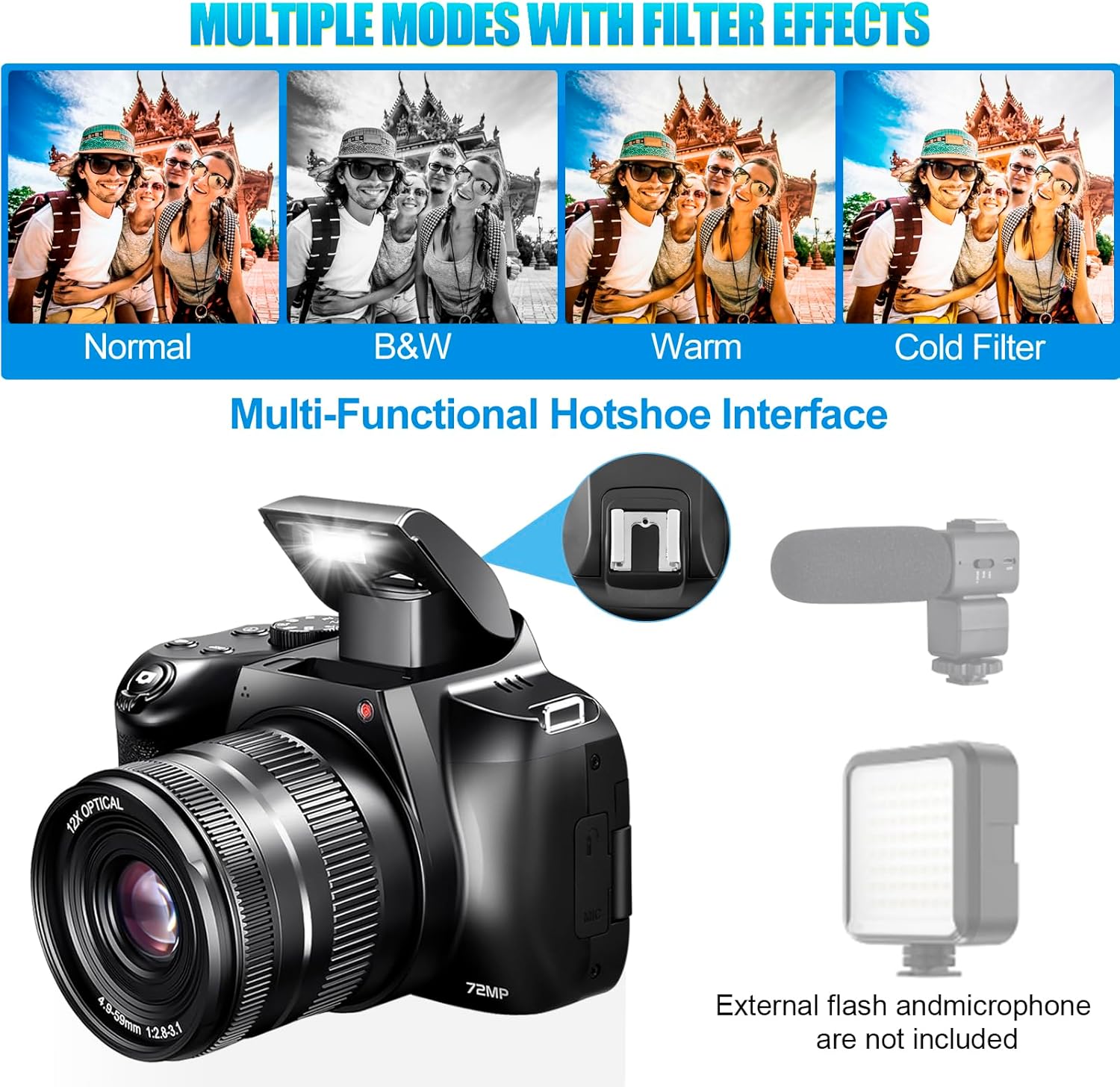 4K Digital Camera for Photography - 12X Optical Zoom 72MP Vlogging Camera for YouTube with 3" 270° Flip Screen, Autofocus Compact Camera with 2 Batteries 64GB SD Card, USB Card Reader & Charging Stand
