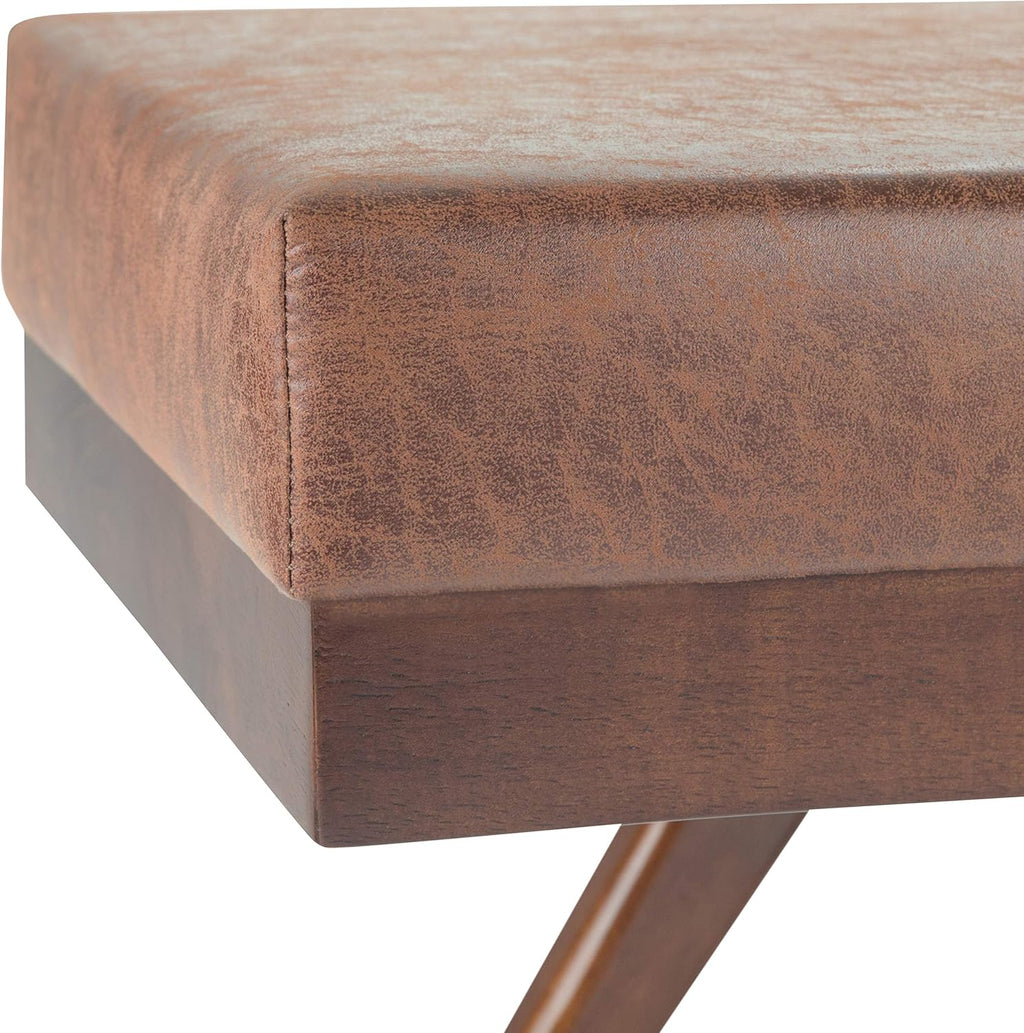 SIMPLIHOME Chanelle Ottoman Bench - 48 inch Wide Upholstered Vegan Leather Rectangle Ottoman in Distressed Umber Brown, Mid Century Modern Bench for Bedroom with Flared Tapered Legs, Assembled