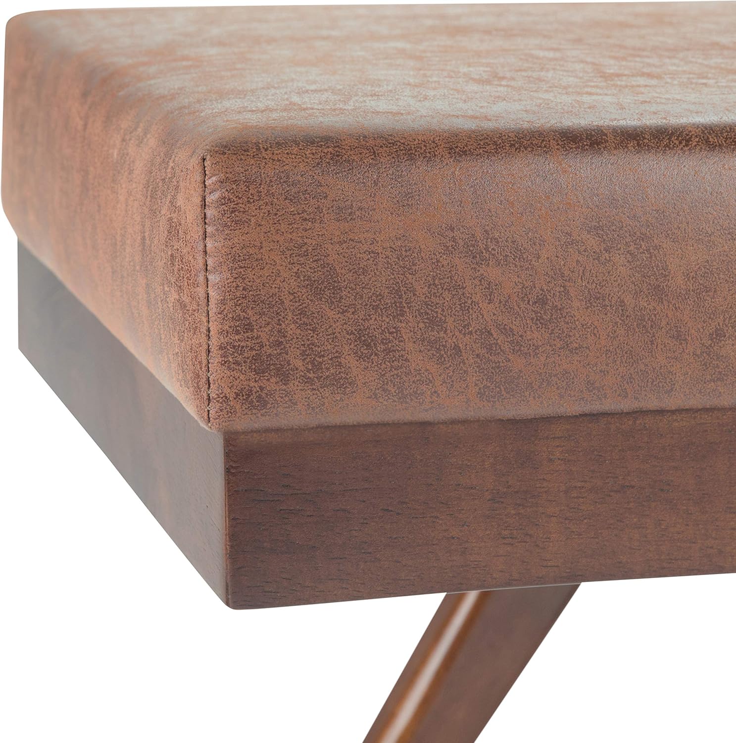 SIMPLIHOME Chanelle Ottoman Bench - 48 inch Wide Upholstered Vegan Leather Rectangle Ottoman in Distressed Umber Brown, Mid Century Modern Bench for Bedroom with Flared Tapered Legs, Assembled