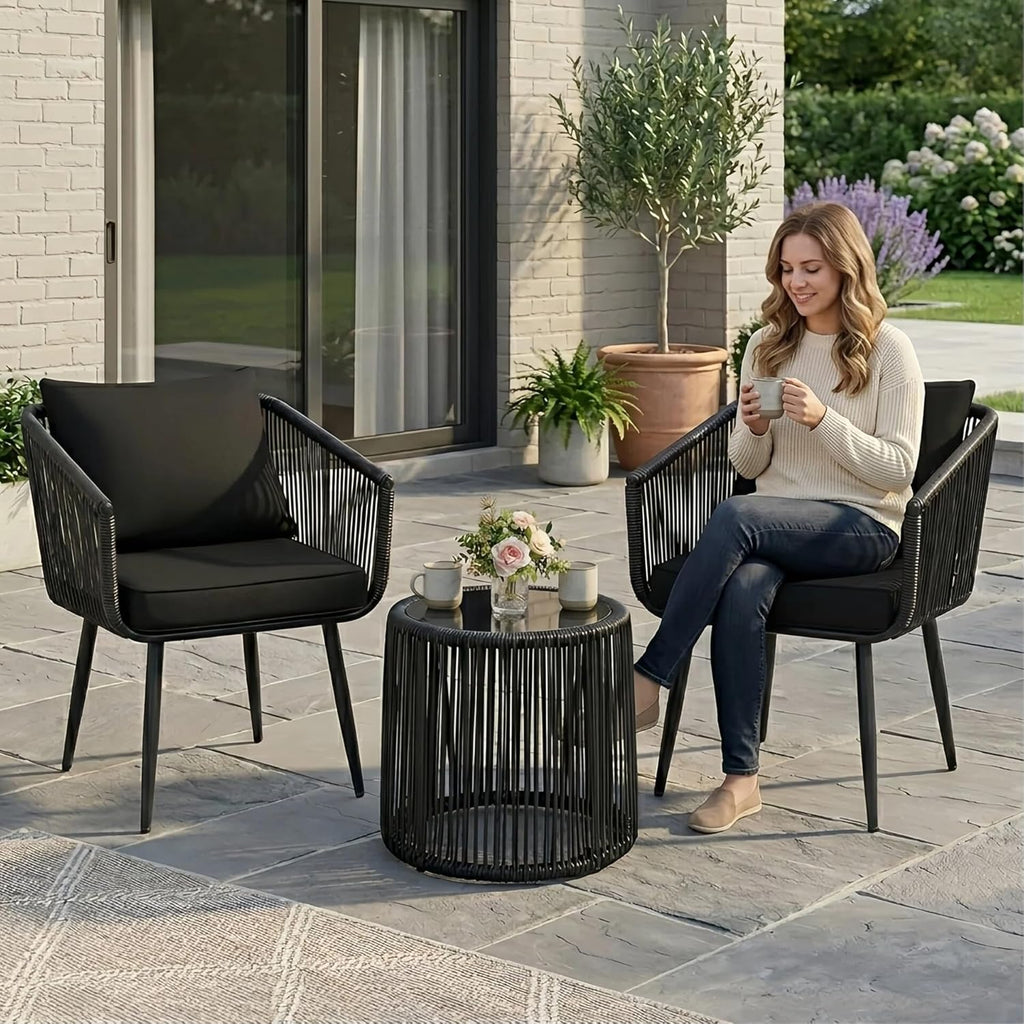 Kromax 3 Pieces Patio Rattan Bistro Conversation Set, Outdoor All-Weather Wicker Furniture Chairs and Side Table Set Ideal for Balcony, Porch and Backyard, Black