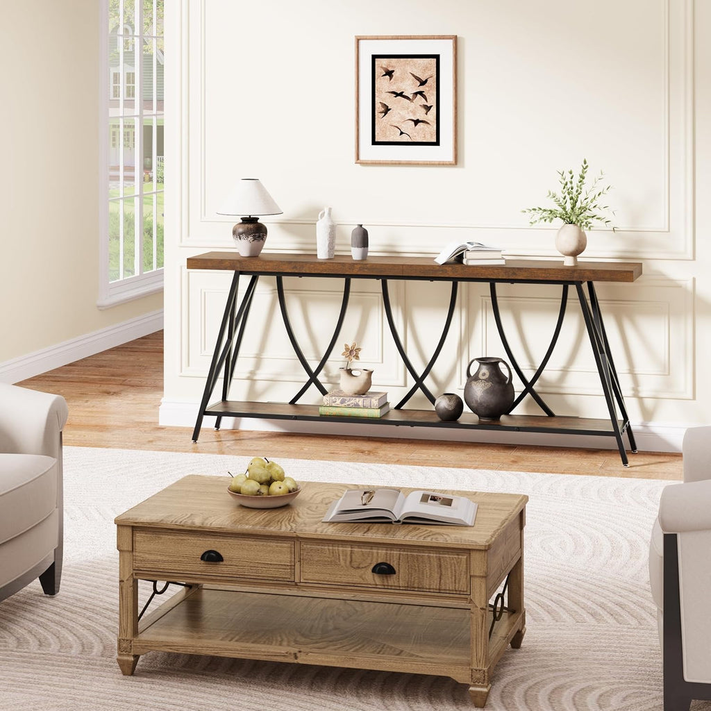 JUSTOGO 70.9" Narrow Console Table for Entryway, Industrial Long Sofa Table Behind Couch, Farmhouse Hallway Table with Storage for Living Room, Entrance, Foyer, Rustic Brown