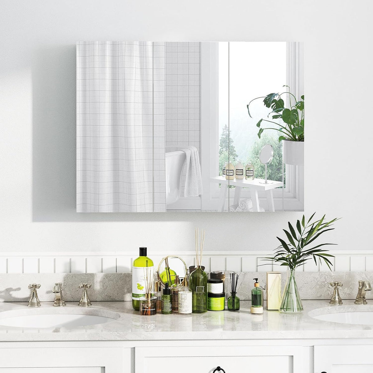 Giantex Bathroom Mirror Cabinet, Wall Mounted Medicine Cabinet with 3 Frameless Mirrored Doors & Mounting Hardware, Hanging Storage Cabinet for Recess or Surface Mount, 35.5” x 25.5”