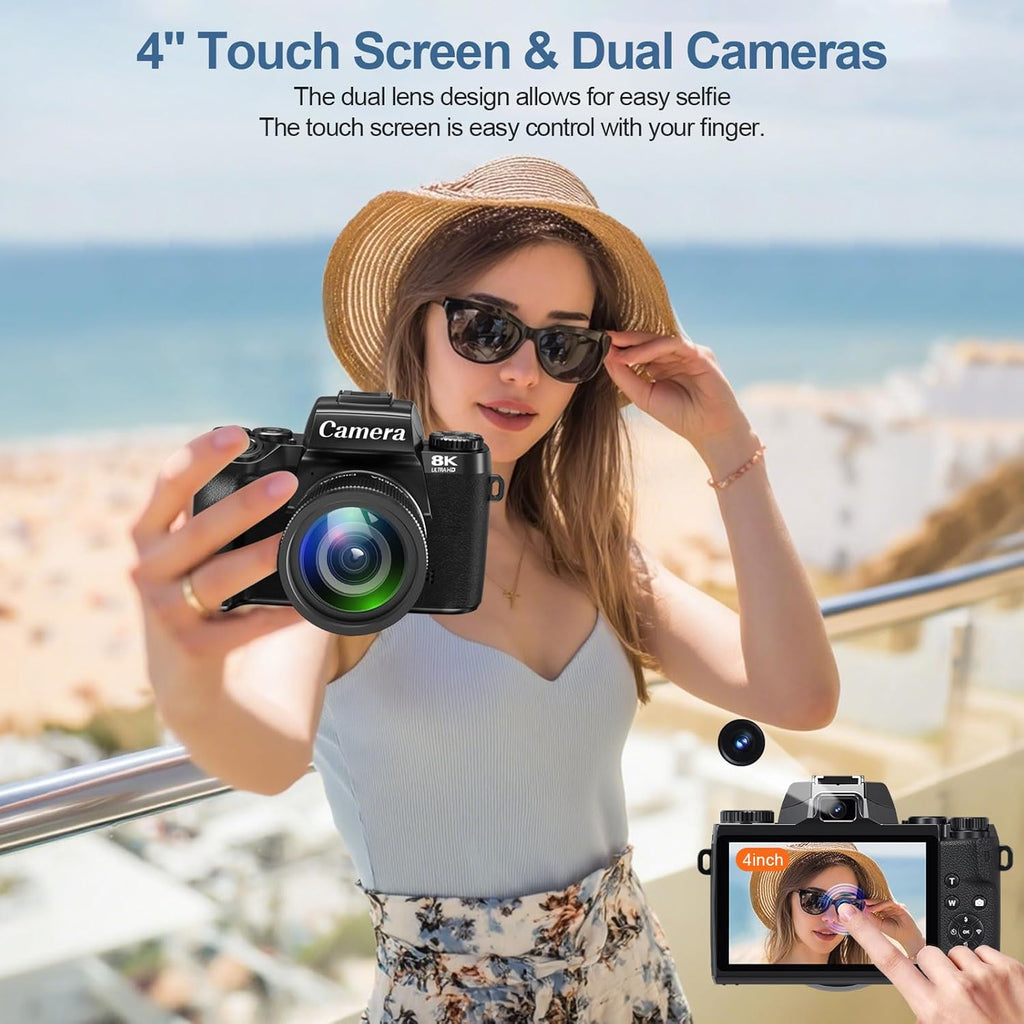 8K Digital Cameras for Photography, WiFi 64MP Vlogging Camera for YouTube, 4" Touch Screen Digital Camera with Dual Lens, Auto Focus, 16X Digital Zoom, 3000mAh Battery, 32GB Card, Black