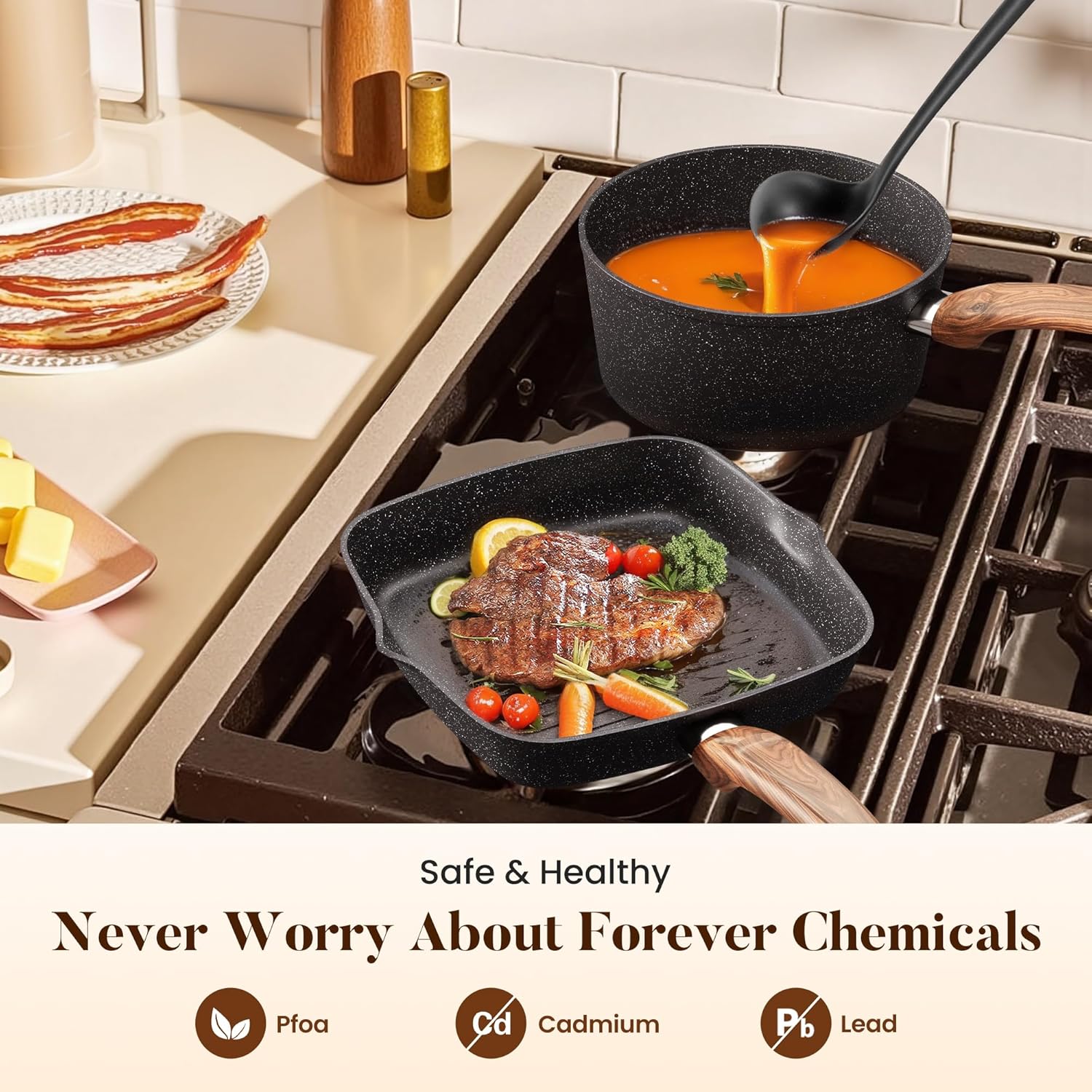 Kitchen Induction Cookware & Bakeware Set - 30 Piece Black Granite Cooking Pans Set, Non-Stick Pots and Pans Set