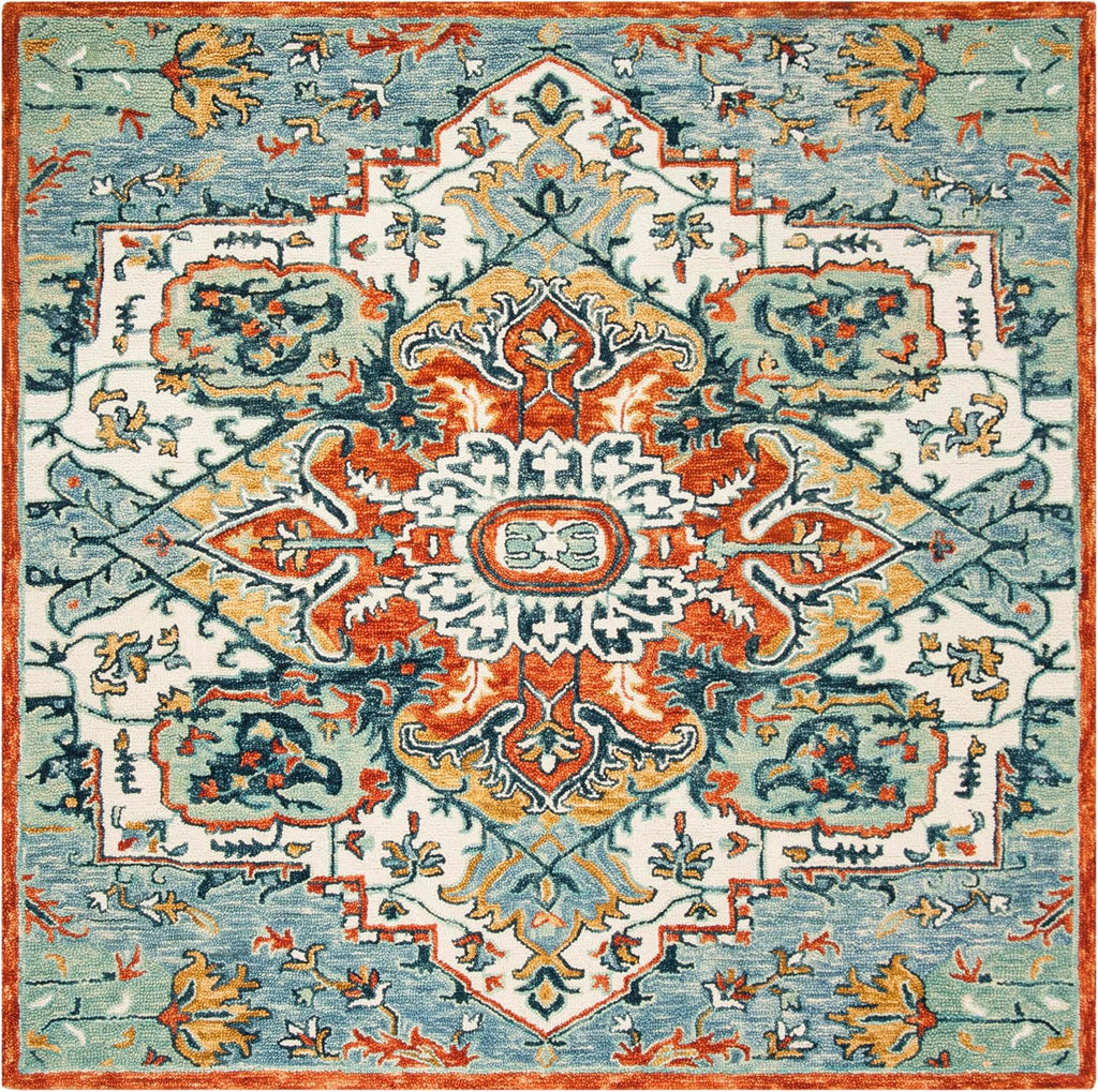 SAFAVIEH Aspen Collection Area Rug - 9' Square, Blue & Rust, Handmade Boho Wool, Ideal for High Traffic Areas in Living Room, Bedroom (APN312A)