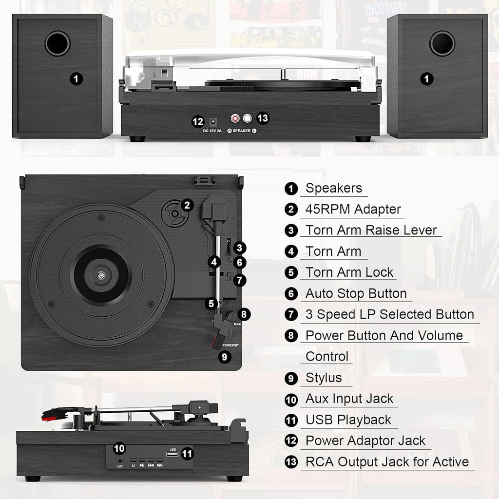 Vinyl Record Player with Two Stereo Speakers, Bluetooth Playback Turntable with 3 Speed AUX Headphone Input and RCA Out, Retro Black