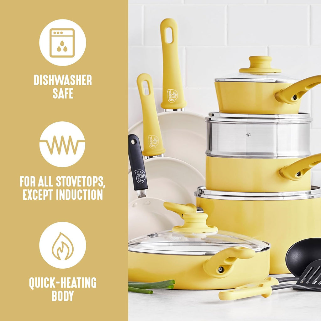 GreenLife 16 Piece Nonstick Cookware Set, Soft Grip Non-Toxic PFAS-Free Ceramic Pots & Pans, Dishwasher & Oven Safe, Frying, Sauce, Saute, Utensils, Glass Lids, Stay-Cool Handles, Wobble Free, Yellow